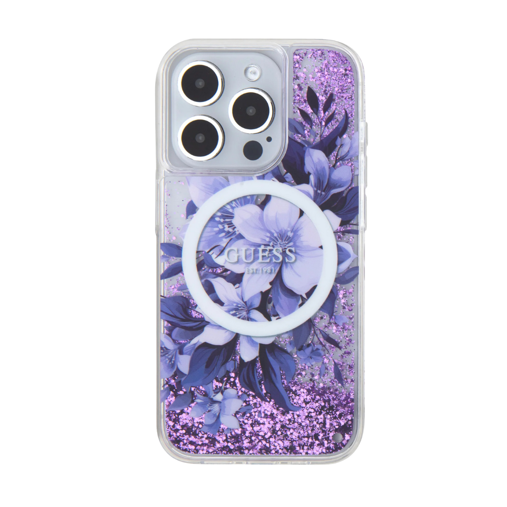 GUESS Hc MagSafe Liq. Glitter Flower Purple iPhone 16 Pro Max