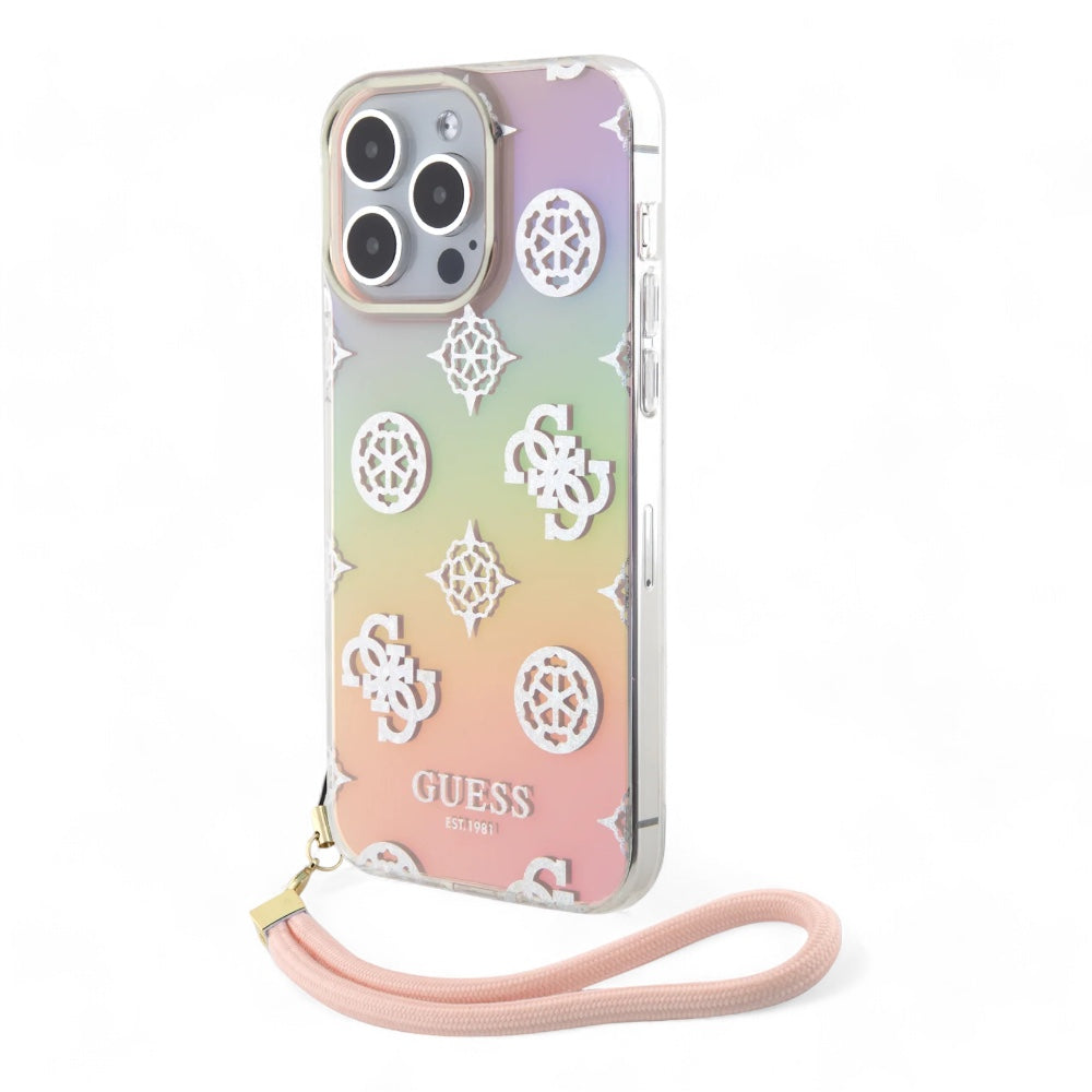Estuche GUESS Hard Case iPhone 15 Pro - Pc/tpu Pink Pc TPU Iridescent Hard Case Glitter Pattern Peony Cordstrap Color Rosado
