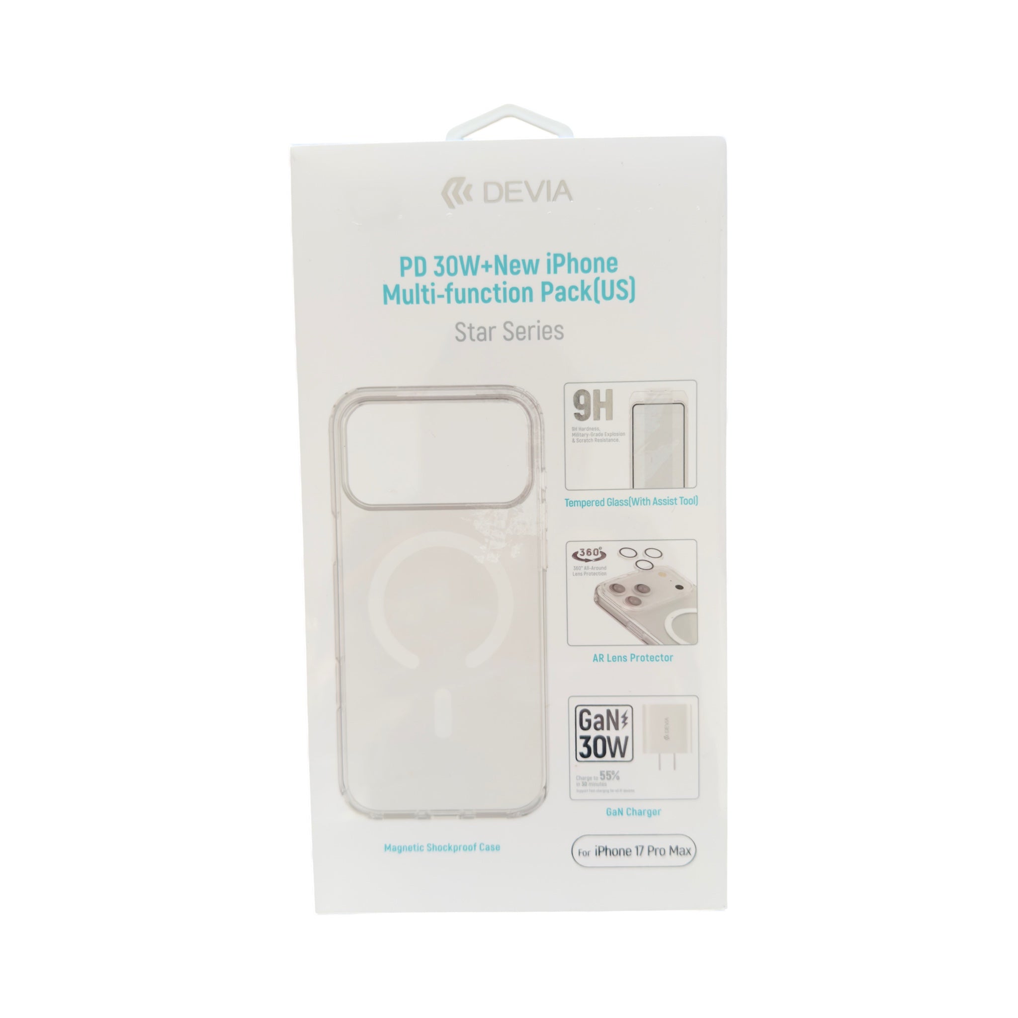 Star Series PD 30w+new iPhone Multi-function Pack(us) - Devia iPhone 17 Pro Max Case + Lente de Cámara + Vidrio Templado + Cargador Pared