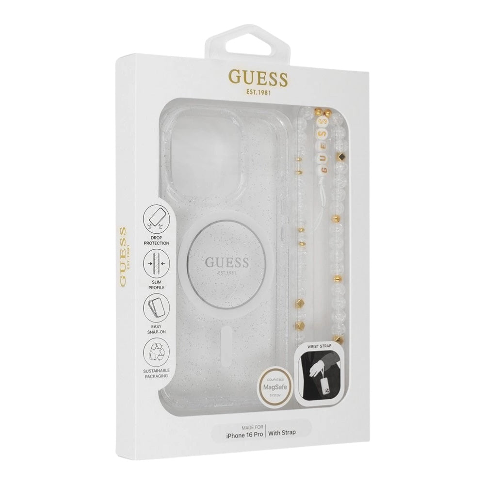 GUESS Hc MagSafe Iml Glitter With Pearl Strap Transparent iPhone 16 Pro