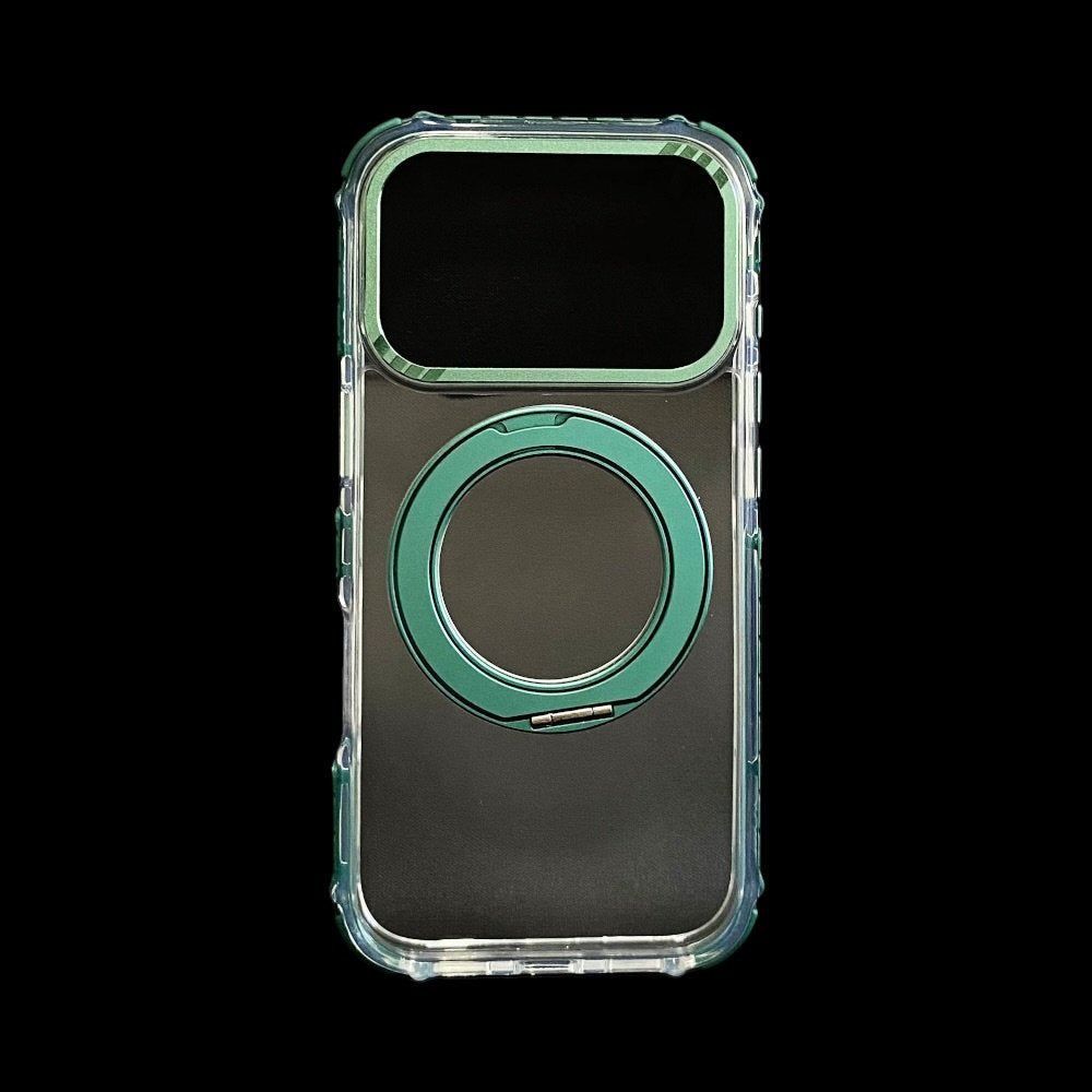 Estuche El Rey Magstand iphone 17 pro Magsafe transparente borde verde