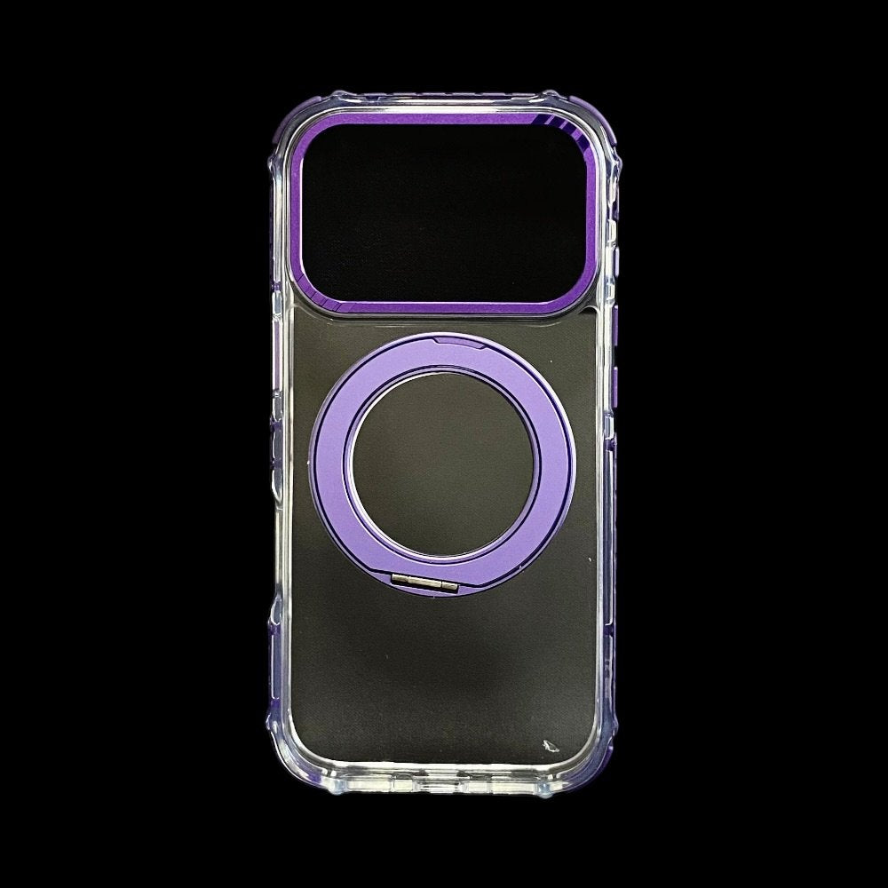 Estuche El Rey Magstand iphone 17 pro Magsafe transparente borde morado