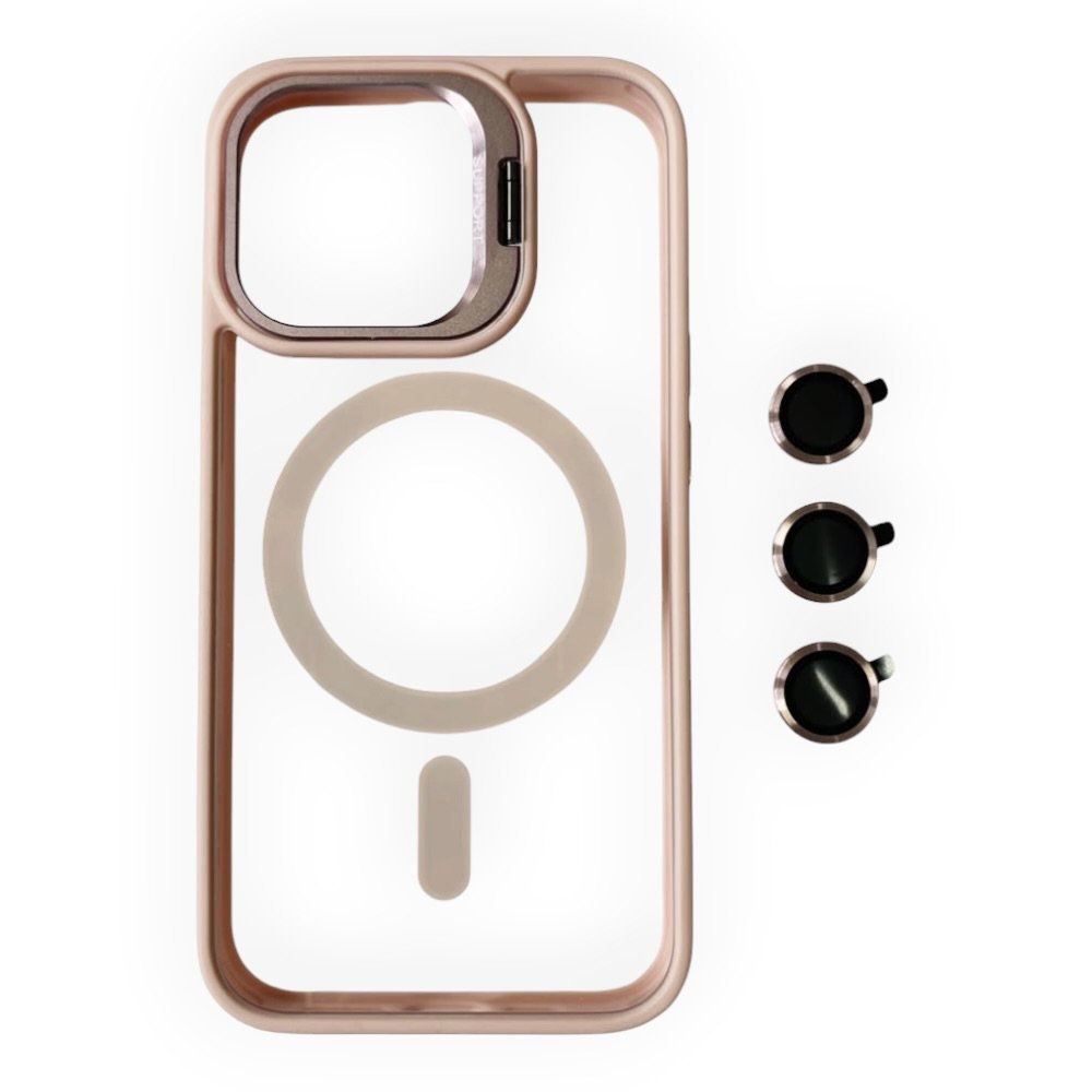 Estuche El Rey magsafe stand + vidrio templado de camara color rosado Iphone 13 pro