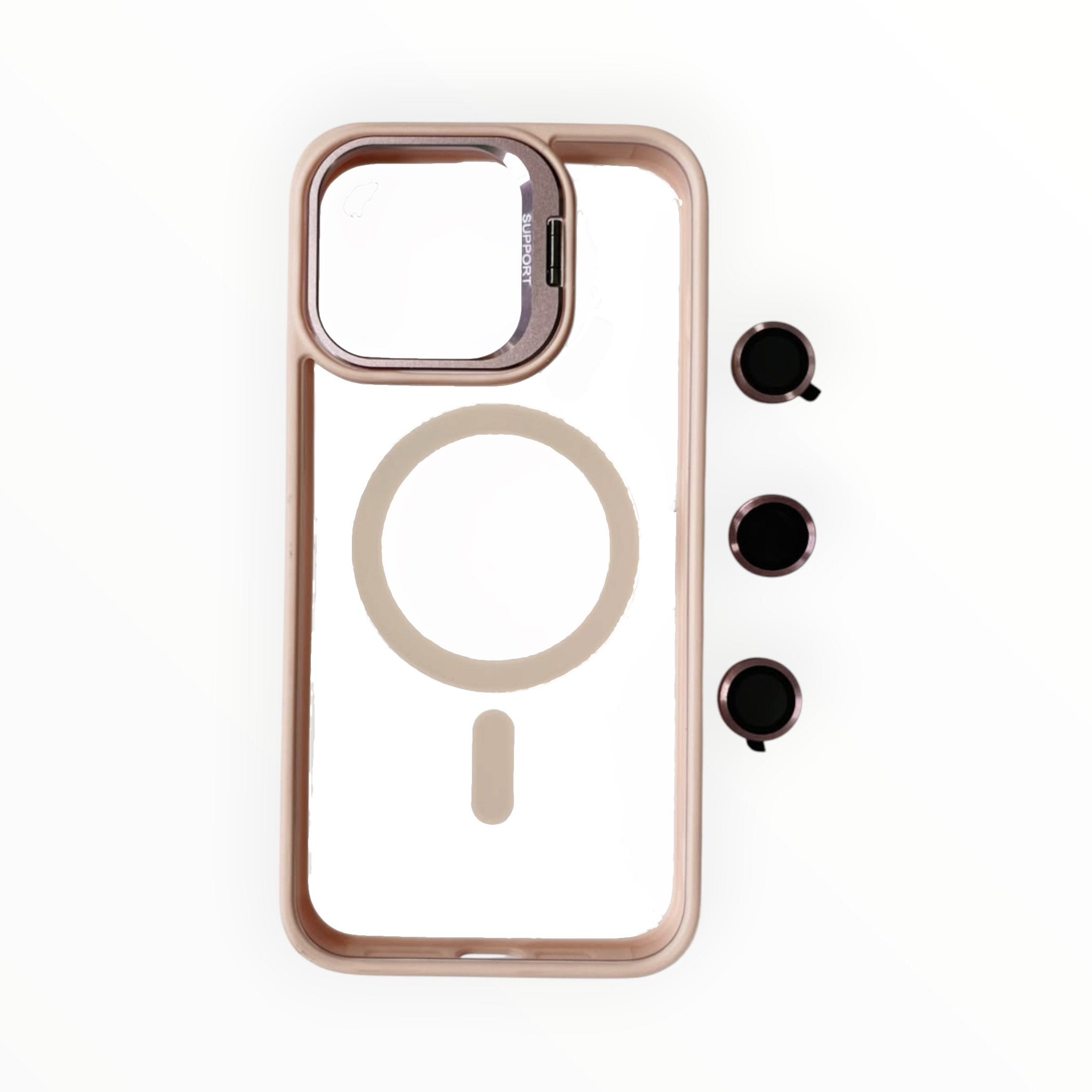 Estuche El Rey magsafe stand + vidrio templado de camara color rosado Iphone 15 pro max