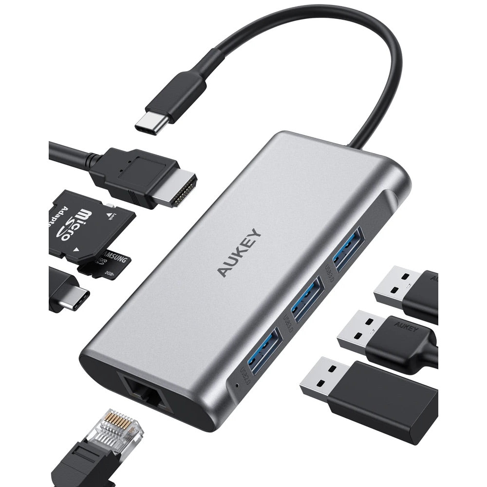 Adaptador Aukey Hub 8 en 1 con USB C para Tablet o Computadora